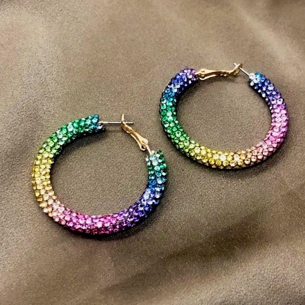 Multicolor Rhinestone Hoop Earrings - Picture 4 of 6